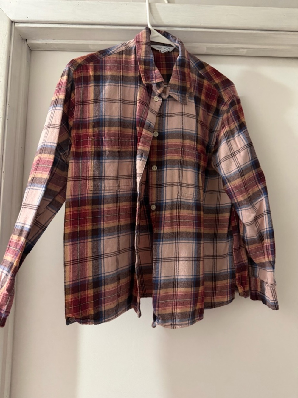 Old Navy Plaid Boyfriend Shirt in Rust, Blue & Beige